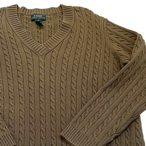Lauren Ralph Lauren Women’s Olive Green Cable Knit V-Neck Cotton Sweater XL